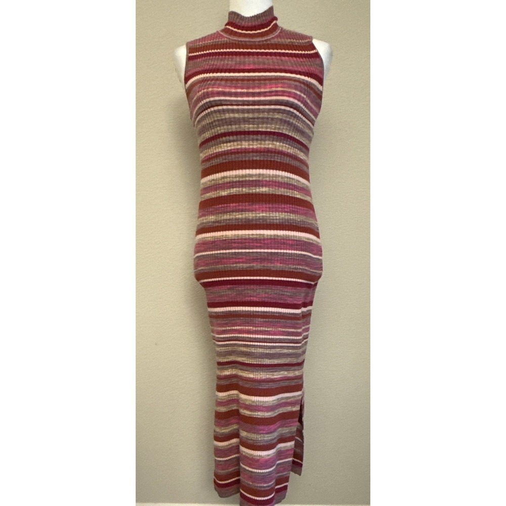 Calvin Klein Jeans Womens Small Sleeveless Mock Neck Ribbed Knit Striped Dress